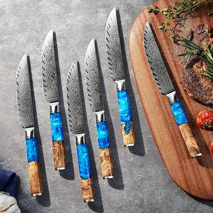SENKEN Damascus Steak Knife Set - Tsunami Collection - 67-Layer Japanese VG10 Steel - Razor Sharp Non-Serrated Blades, Blue Resin & Natural Wood Pattern Handles, Luxury Gift Box (6 Steak Knife Set)