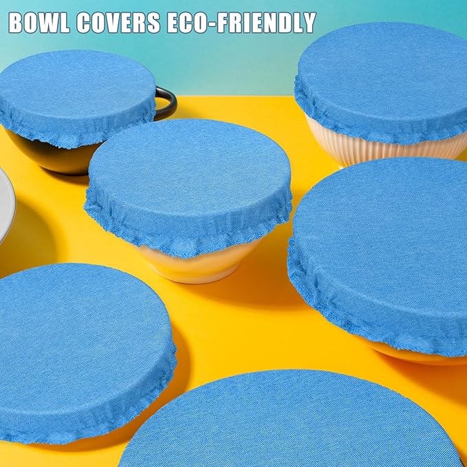 Patelai 10 Pcs Bowl Covers Reusable in 5 Size Stretch Cloth Fabric Elastic Food Storage Bowl Covers Bread Sourdough Lids for Proofing Food Fruits Leftover(Blue Style)