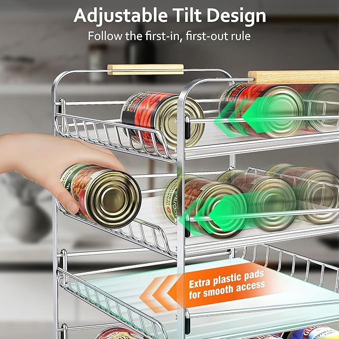 MAXIFFE 4 Tier Can Organizer for Pantry, 16.9" W×11.5" D×16.7" H, Space-Saving Adjustable Metal Hold 40 Standard 12-oz Cans Storage Rack Holder for Countertop Kitchen Soda Drinks Fruits, Chrome