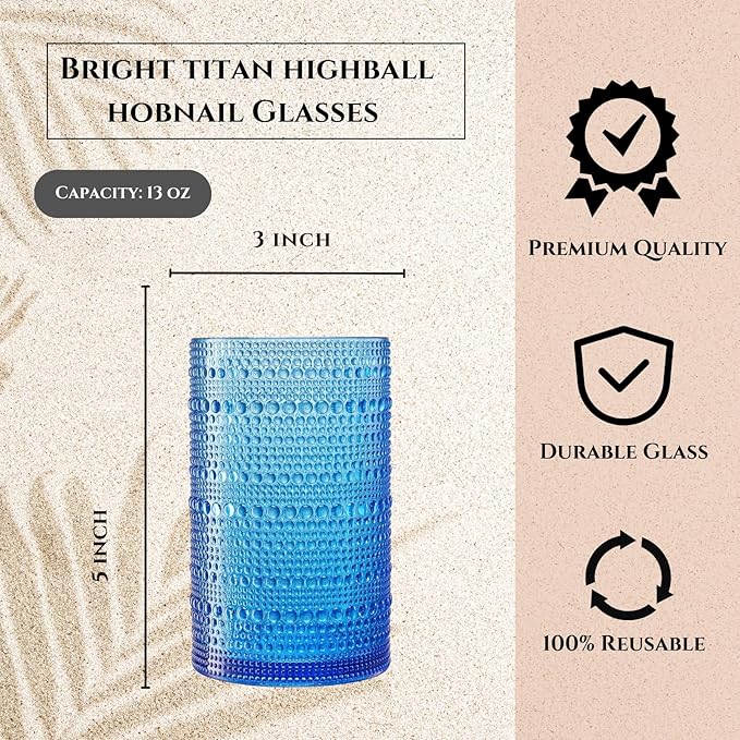Khen Plastic Hobnail Drinking Highball Glasses Set of 6 Bright Tones Cups 14oz, Shatterproof & Unbreakable Acrylic Beaded Design, BPA-Free, Dishwasher Safe Indoor/Outdoor Drinkware Water, Cocktails