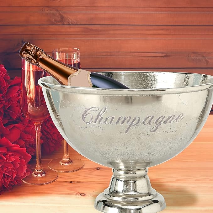 WHW Whole House Worlds Luxury Champagne Bucket with Old World Panache, Elegant Script Text Details, Hand Cast of Silver Aluminum, Pedestal Base, Party Sized, 18.5 Inches Diameter, 13.5 Inches Tall