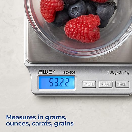 American Weigh Scales SC Series Precision Digital Kitchen Weight Scale, Food Measuring Scale, 2kg x 0.1g (Silver), AMW-SC-2KG (500g x 0.01g)