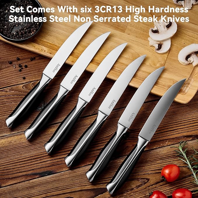 AmHoo Steak Knives Set of 6 Non Serrated 5-inch High Carbon Stainless Steel Ultra Sharp ABS Handle