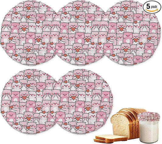 Cute Pig With Heart Sourdough Starter Jar Covers Reusable,Breathable Fabric Lids for Mason Jars,Wide Mouth and Regular Mouth(5 Pack)