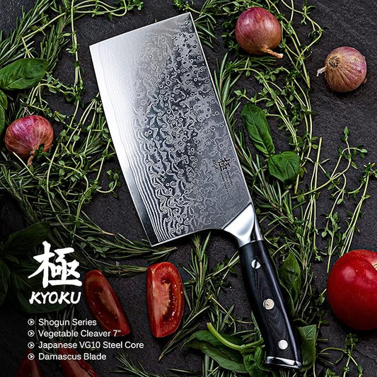 KYOKU Vegetable Cleaver Knife - 7" - Shogun Series - Japanese VG10 Steel Core Forged Damascus Blade - with Sheath & Case