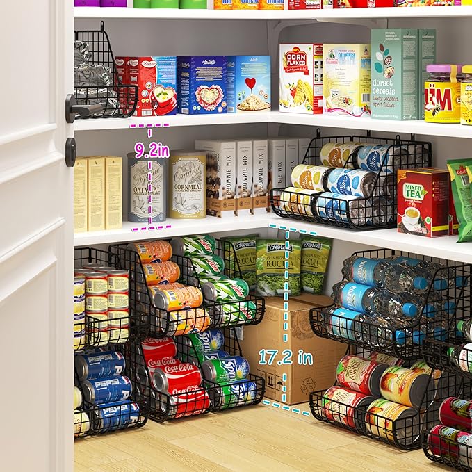 Stackable Soda Can Organizer Stores Up to 72 Cans, 4-Pack Can Storage Organizer for Pantry Shelves, 4-Tier Kitchen Can Holders with 4 Adjustable Dividers, Wire Drink Organizer for Pantry Cabinet Shelf