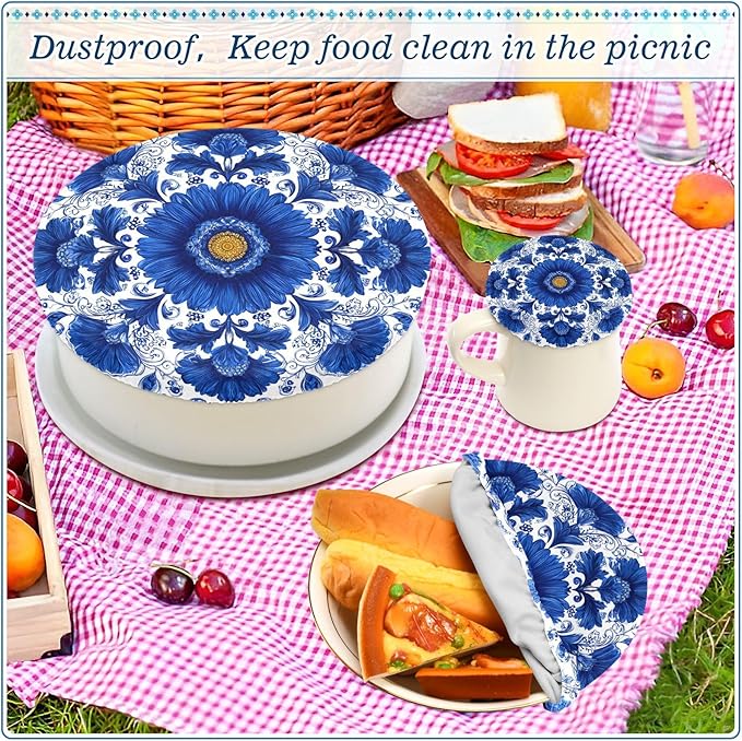 5 Pcs Bowl Covers Reusable in 5 Size Elastic Food Cover Cloth Lids Fresh Keeping Dish Cookware Bakeware Fabric Covers Lids for Food Leftovers Fruits Storage Blue and White Sunflowers