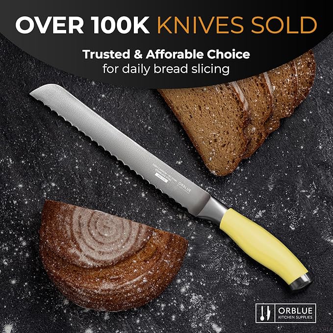 Orblue Serrated Bread Knife Ultra-Sharp Stainless Steel Professional Grade Bread Cutter - Cuts Thick Loaves Effortlessly - (8-Inch Blade with 5-Inch Handle), Yellow