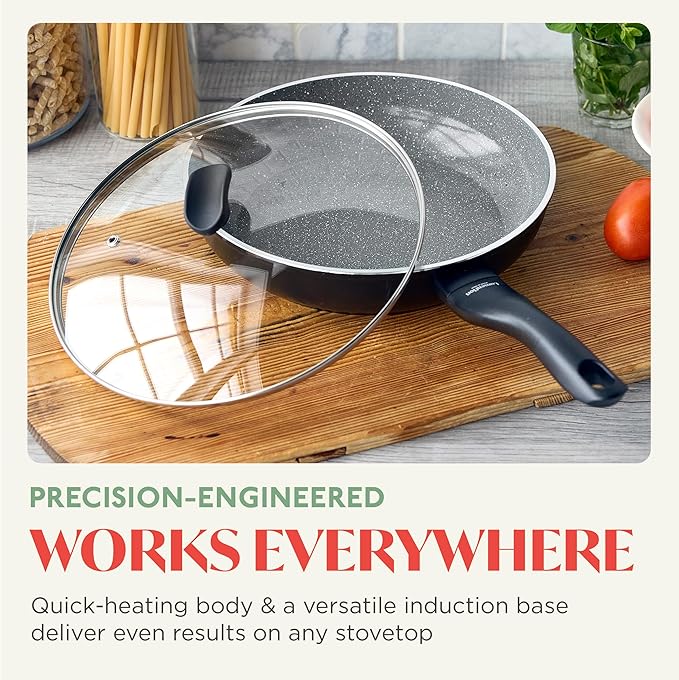 Rigoletto 3.1QT Nonstick Sauté Pan & Lid, Made in Italy, Layered Ceramic PFAS-Free Surface, Induction Ready, Dishwasher & Metal Utensil Safe, Granite Finish, Stay-Cool Handle, Black