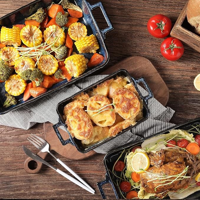 VICRAYS Ceramic Bakeware Set, Porcelain Rectangular Lasagna Pans Casserole Dish Set for Baking, Cooking, Kitchen, Cake Dinner, Banquet and Daily Use, 3 PCS, 15 x 8.5 Inches(Blue)