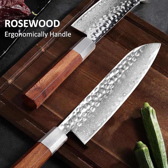 YOTSUBA 7 inch Damascus Japanese Santoku Chef Knife,High Carbon Stainless Steel Kitchen Knife,Professional Santoku Knives with Durable Ergonomic Wood Handle