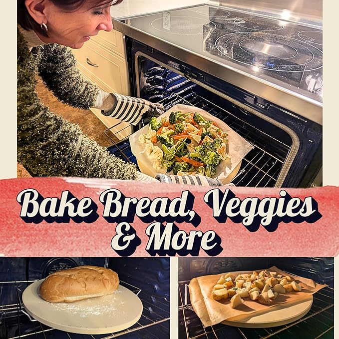 16 inch Round Pizza Baking Stone - Large Pizza Stone for Grill with Handles and Dough Tool - Baking Stone for Bread - Pizza Making Accessories - Cooking Gifts for Food Lovers