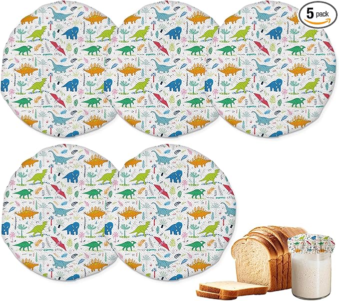 Sourdough Starter Jar Covers,5-Pack Reusable Cartoon Dinosaur Dino Cloth Lids for 3-4 Inch Jars,Ideal for Kombucha Kefir or Cheese Fermentation