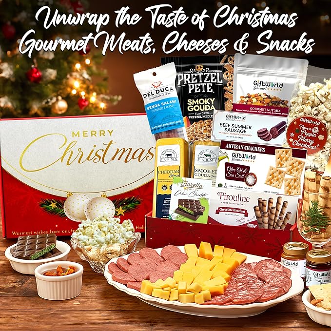 Christmas Gift Basket, Meat and Cheese Gift Baskets for Men and Women - Delicious Condiments with Dubai Chocolate, Charcuterie Food Gift Basket, Christmas Food Gifts in Christmas Gift Box (12-item Bundle)