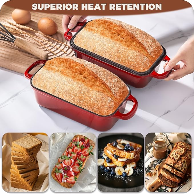 Cast Iron Bread Loaf Pan with Lid, 2 In 1 Loaf Pans for Baking Bread 9x5, Enameled Bread Pans for Homemade Bread, Sourdough, Even Heating Bread DutchOven, Red