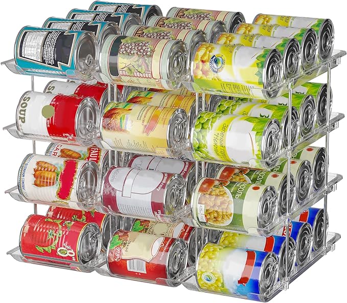 Can Organizer For Pantry, Adjustable Height And Width Canned Goods Organizer, Soup Can Rollers Organizer Holds Up to 48 Cans for Kitchen Cabinet or Refrigerator (CLear 4 Tier)