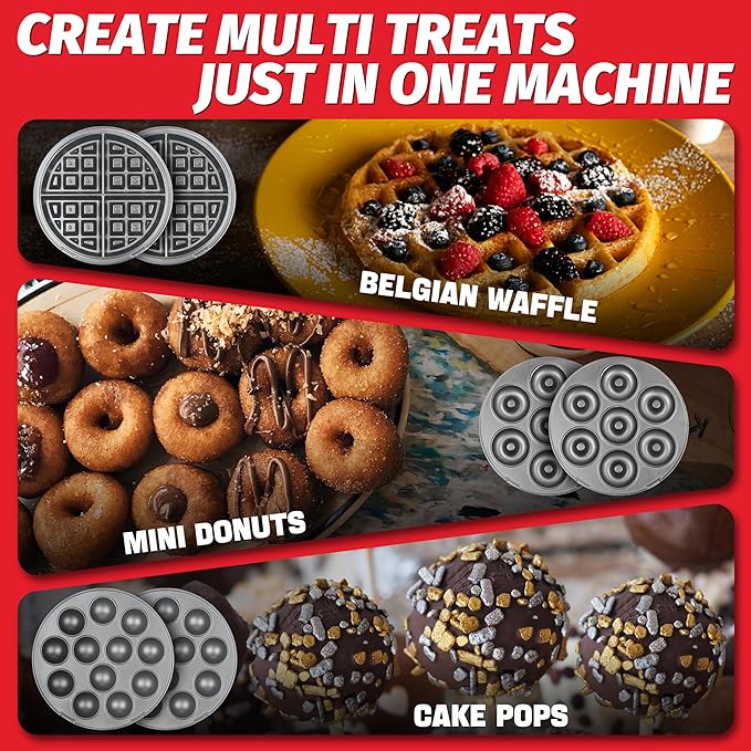 Thick Belgian Waffle Maker with 3 Removable Plates, 7” Non Stick Belgian Waffle Iron Removable Plates, 3 in 1 Mini Donut Maker Machine, Cake Pop Maker Machine Set with Accessories & Tools