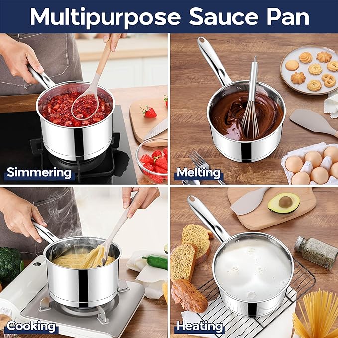 LIANYU Stainless Steel Saucepan, 3 Quart Sauce Pan with Visible Lid, Triply Induction Small Sauce Pot for Kitchen Cooking, Boiling, Compatible with All Stoves, Oven & Dishwasher Safe