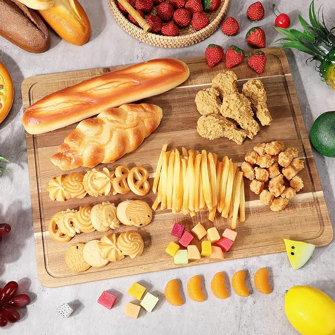 Nuogo 6 Pcs Large Acacia Wood Cutting Board 18 x 14 Inch Wooden Chopping Board with Juice Groove Reversible Wood Cutting Board Charcuterie Chopping Butcher Block for Kitchen Fruit Meat Veggies