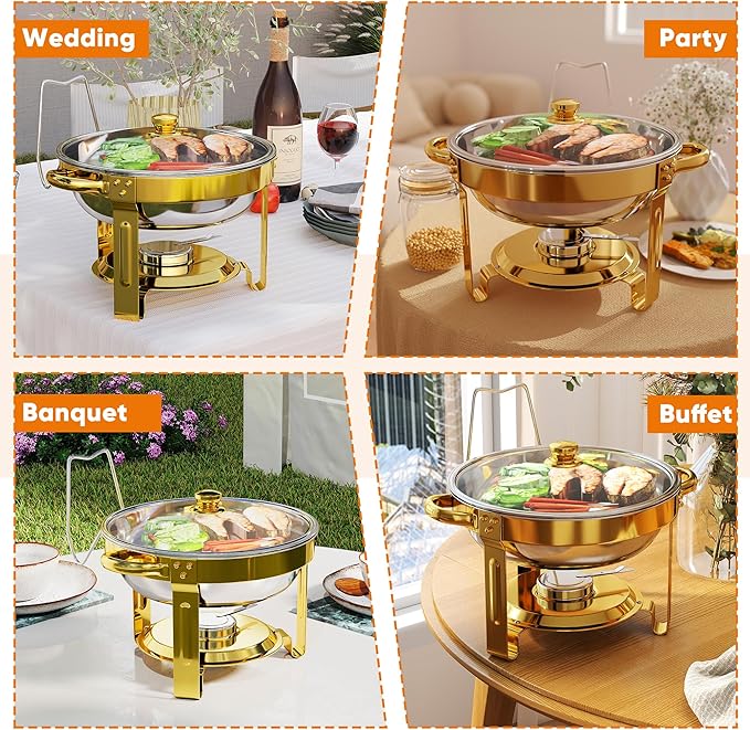 4 Pack Gold Round Chafing Dishes for Buffet, 5 QT Food Warmers and Cold Food Server for Parties, Events Hosting, Family Gatherings, Full Set Catering Supplies with Serving Utensils Accessories