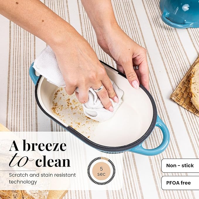 Dutch Oven For Sourdough Bread Baking – Enamelled Cast Iron Bread Loaf Pot – Oven Safe Non Stick Bread Pot – Rectangular,Light Blue, 24cm x 16cm – by Nuovva