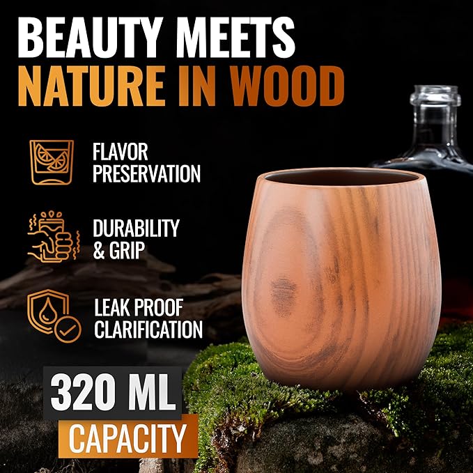 Premium pack Of 2 Charred Wooden Bourbon Glasses for Whiskey drinking old fashion Gifts Grail Men Groomsmen 50th Dad, Brother Birthday, Thanksgiving, Ideas for Him Who Have Everything