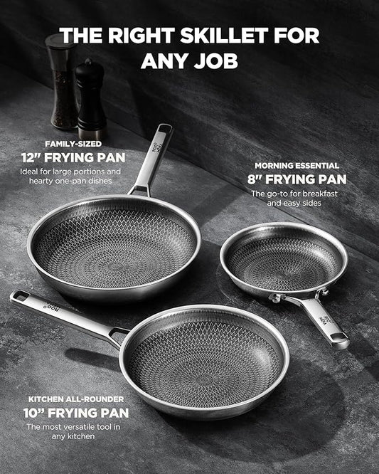 Nonstick Frying Pan Set, Non-Toxic Tri-Ply Hybrid Ceramic Skillet 3 Piece, 8, 10 & 12 Inch Stainless Steel Pans, PFAS/PFOA/PTFE Free, Metal Utensil Safe, Dishwasher & Oven Safe, Induction Compatible