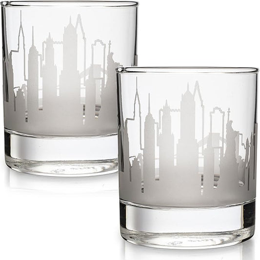Greenline Goods Skyline Etched New York City Whiskey Glasses Gift (Set of 2) | Old Fashioned Tumbler – For New York City Lovers