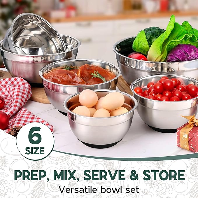 Onader Mixing Bowls with Lids Set of 6 for Kitchen, Stainless Steel Metal Nesting Bowls with Non-Slip Bottom Black - Size 1, 1.5, 2, 2.6, 3.5, 7QT