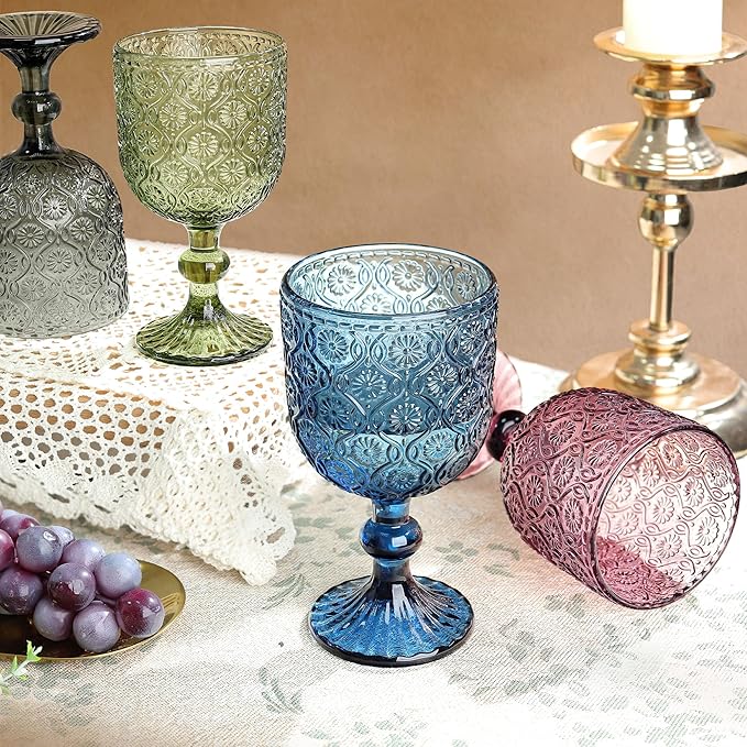 Joeyan Vintage Glass Wine Goblet,Embossed Floral Stemmed Wine Glasses,Colored Drinking Cups,Heavy-Duty Glassware for Wedding Party Bar,Multicolor,12 oz,Set of 4,Dishwasher Safe