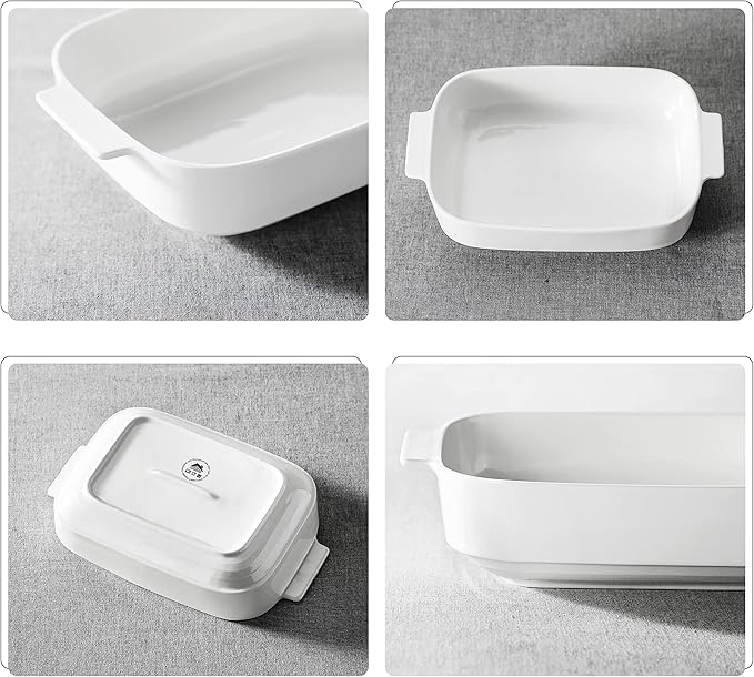 MALACASA Casserole Dishes for Oven, Porcelain Baking Dishes Set of 3, Durable Casserole Dish Set Lasagna Pan Deep, Ceramic Bakeware Sets with Handles, White (13.8''/11.7''/9.4''), Series Bake