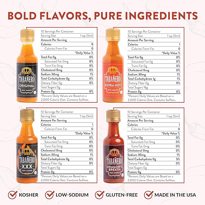 Tabañero Challenge Box, Hot Sauce Gift Set, 4 Pack, Original, Extra, XXX Hot and Dragon's Breath, 1.7 oz Mini Glass Bottles, Gluten Free, All Natural, Low Sodium, Vegan, Kosher, Made in the USA