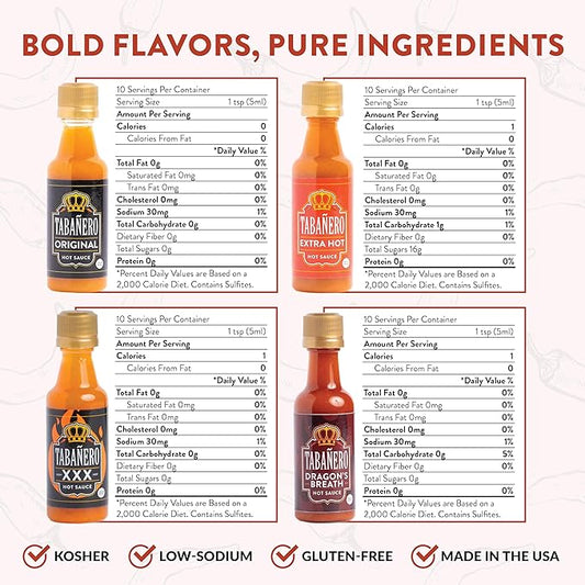Tabañero Challenge Box, Hot Sauce Gift Set, 4 Pack, Original, Extra, XXX Hot and Dragon's Breath, 1.7 oz Mini Glass Bottles, Gluten Free, All Natural, Low Sodium, Vegan, Kosher, Made in the USA