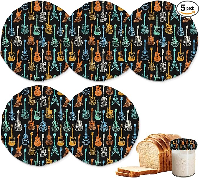 Colorful Guitar Sourdough Jar Cover Reusable Cloth Lid for Sour Dough Starter Jar,5 Pack Bread Fermentation Container Tops Elastic Fabric Caps