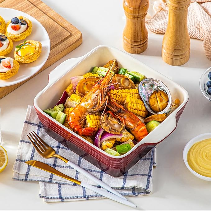 LOVECASA 8x8 inch Baking Pan, 2 Quart Square Cake Pan Baking Dish for Oven, Stoneware Brownie Pan Non-Stick, Casserole Baking Pan with Handle,Ceramic Bread Pans for Baking, Red