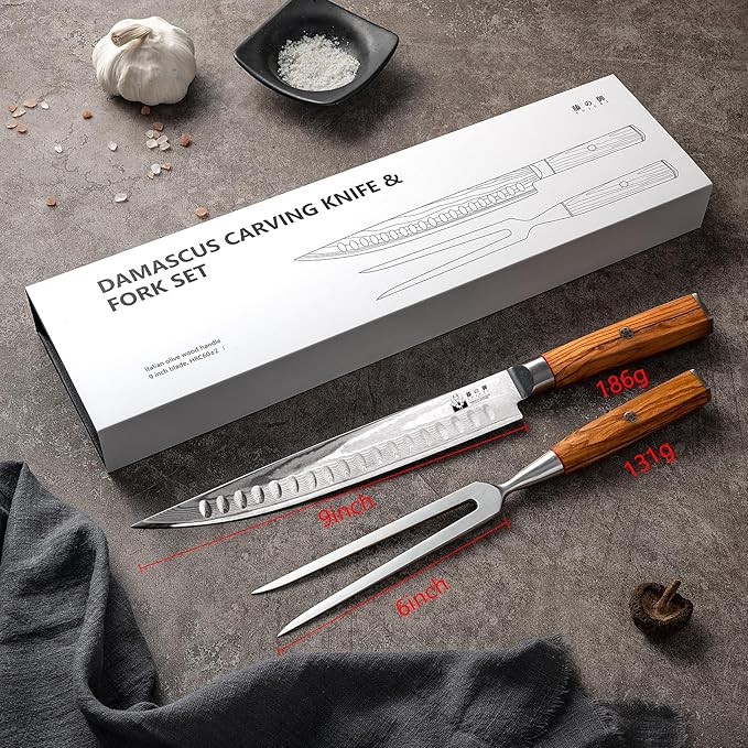 Carving Knife and Fork Set for Meat Turkey - Set of 2 with 9 inch Damascus Slicing Carving Knife and 6 inch Fork - Damascus VG10 Steel 67-Layer - Natural Olive Wood Handle- Exquisite Box
