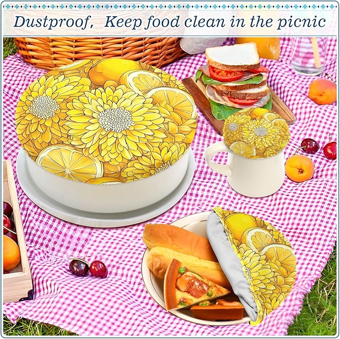 5 Pcs Bowl Covers Reusable in 5 Size Elastic Food Cover Cloth Lids Fresh Keeping Dish Cookware Bakeware Fabric Covers Lids for Food Leftovers Fruits Storage Cartoon Yellow Chrysanthemum Flo