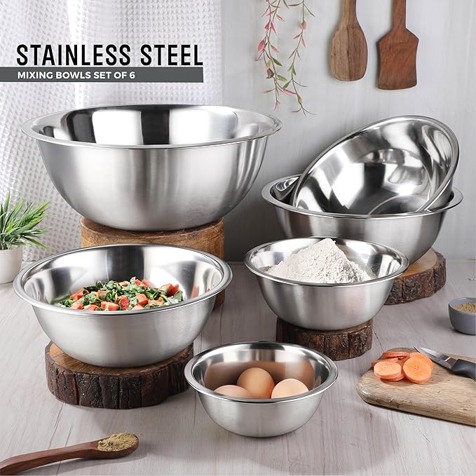AVADOR Set of 6 Premium Stainless Steel Mixing Bowls Set, Easy To Clean, Space Saving Nestable Design, Great for Cooking, Baking, Prepping (0.75qt, 1.5qt, 3qt, 4qt, 5qt, 8qt)