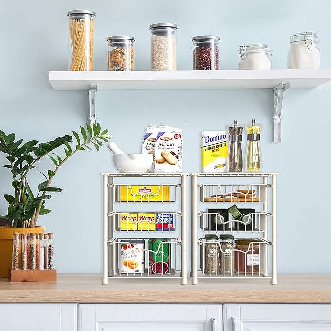 Simple Houseware 3-Tier Stackable Sliding Basket Storage Organizer Drawer for Bathroom and Kitchen, White