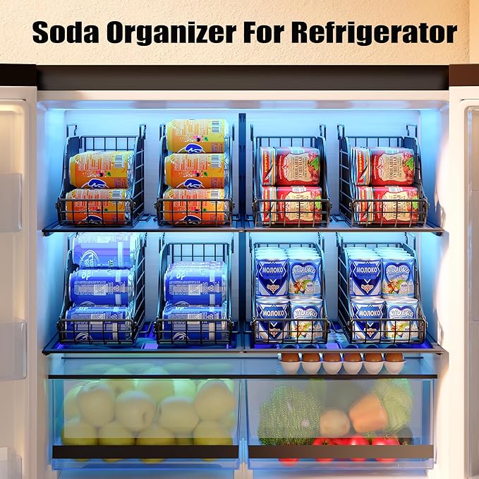 Standing Can Dispenser Bin 3-Pack, Stackable Beverage Drink Pop Soda Can Storage Organizer Basket with Handles, Foldable Canned Food Holder for Kitchen Pantry Countertop Cabinet Patent Pending