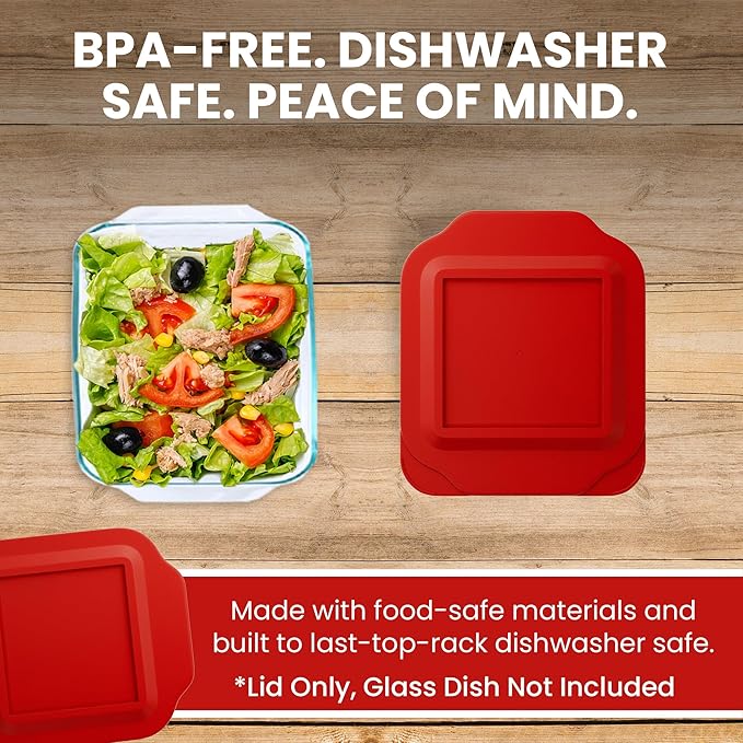 Replacement Lid for Pyrex 2-Quart 8" x 8" Glass Baking Dish #222, Compatible with Lid #222-PC, Food Storage Container Cover with Flush Tab Handles (Red)