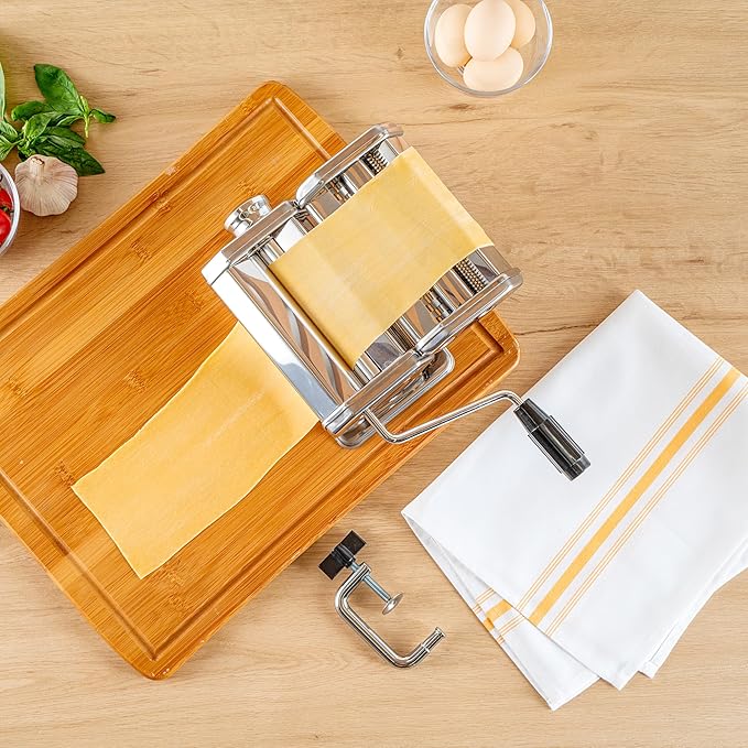 Met Lux Pasta Maker Machine, 1 Pasta Maker With 2 Cutter Attachments - 9 Adjustable Thickness Settings, 5 Piece Set, Stainless Steel Manual Machine, For Fettuccine, Spaghetti