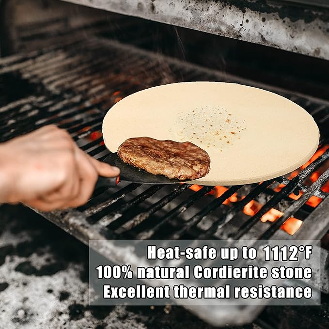 13 Inch Round Pizza Stones for Grill and Oven, Cordierite Baking Stones Set with Serving Rack & Cutter, Durable and Safe Cooking Stone Pan for Bread