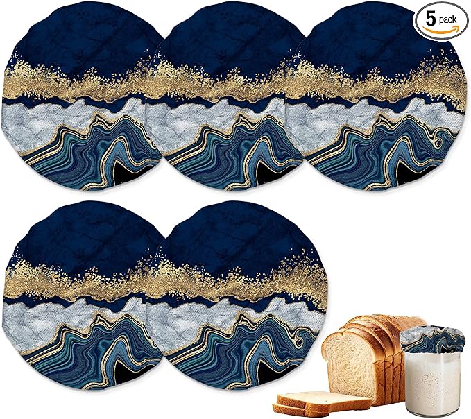 Sourdough Starter Jar Covers,5-Pack Reusable Blue Marble Cloth Lids for 3-4 Inch Jars,Ideal for Kombucha Kefir or Cheese Fermentation