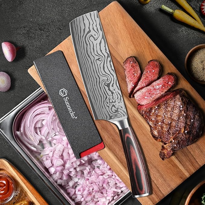 Sunnecko Nakiri Knife 7 inch,High Carbon Stainless Steel Cleaver Knife,Ultra Sharp Cooking Knives with Sheath and Gift Box for Family & Restaurant