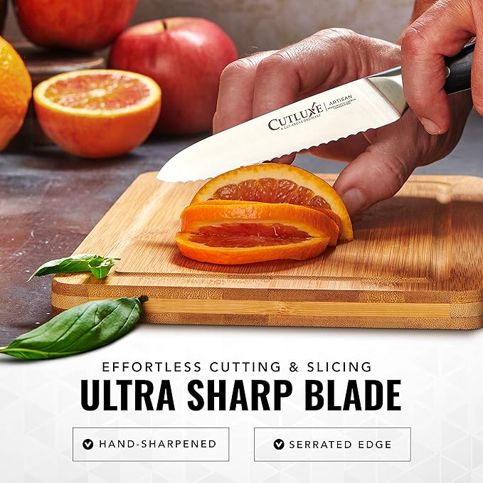 Cutluxe Kitchen Utility Knife – 5" Serrated Ultra Sharp Blade, Ergonomic Handle, Full Tang – Forged High Carbon German Steel – Artisan Series
