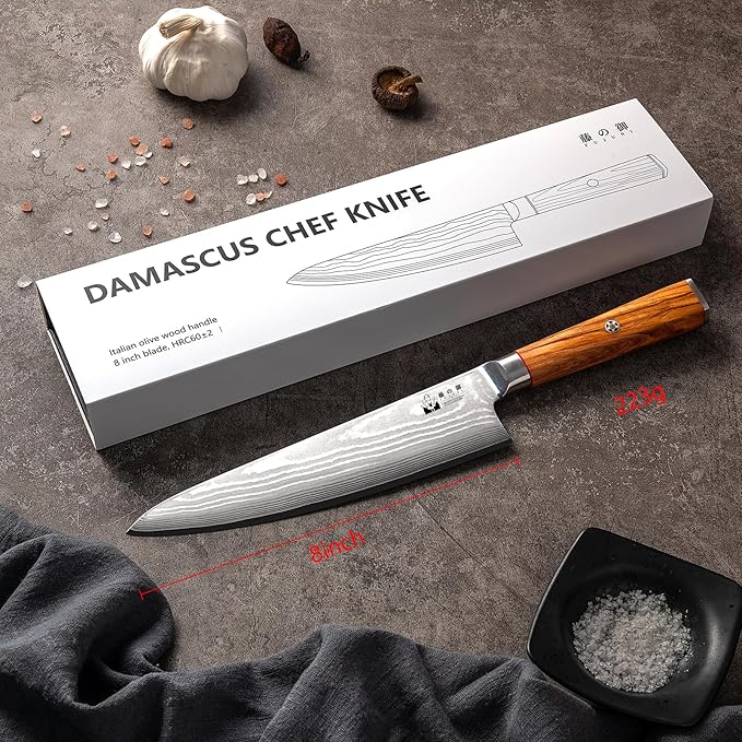 Damascus Chef Knife, 8 inch VG10 Steel Damascus Knife with Olive Wood Handle Razor Sharp Kitchen Knife