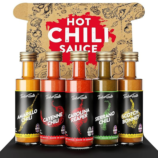 TIMBER TASTE® Color Hot Sauce Gift Set [5x1.35 oz] Hot Sauce Variety Pack - Spicy Condiment Set for Heat Lovers in Mini Bottles - Gourmet Spicy Food Gifts for Women & Men - Birthday Gifts for Men
