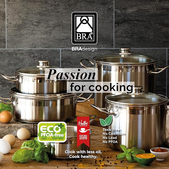 BRA COOKWARE Profesional 9 Piece Cookware Set | Stainless Steel Professional Kitchenware Set | 2 Pots, 1 Sauté Pan, 3 Frying Pans, 3 Lids | All Heat Sources Compatible | PFOA Free