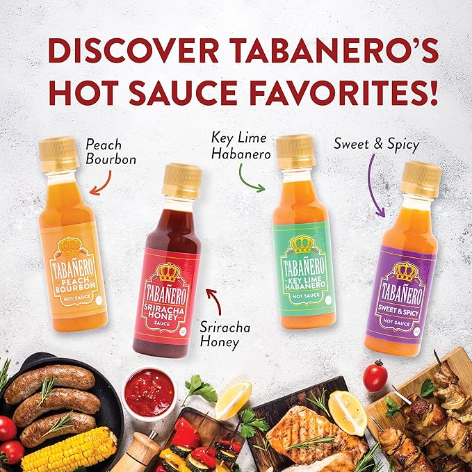 Tabañero Variety Hot Sauce Gift Set, 4 Pack, Kit Includes Peach Bourbon, Sriracha Honey, Key Lime Habanero, Sweet & Spicy, 1.7 oz Mini Glass Bottles, All Natural, Gluten Free, Low Sodium, Vegan, Kosher, Made in the USA